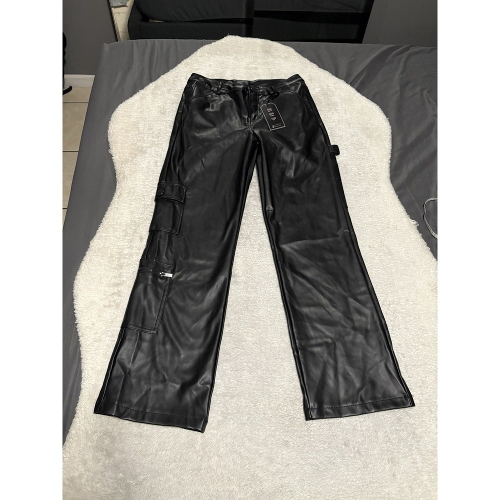 New Ci Sono Women's Black Faux Leather Cargo Carpenter Pants‎ Size XL NWT